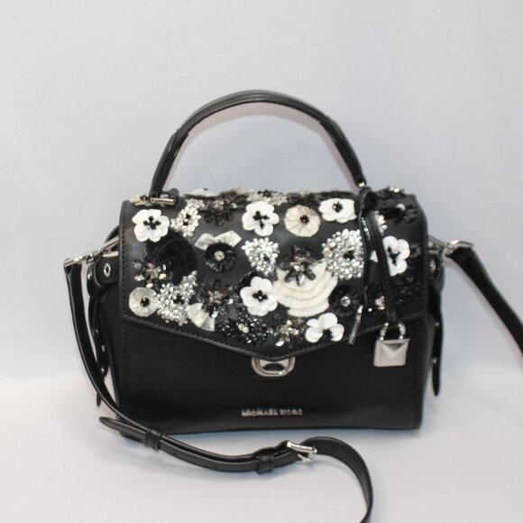 Michael Kors Black Sequined Floral Applique Bristol Small Top Handle Satchel - Picture 3 of 14
